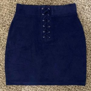 Navy Suede Criss-Cross Fitted Skirt